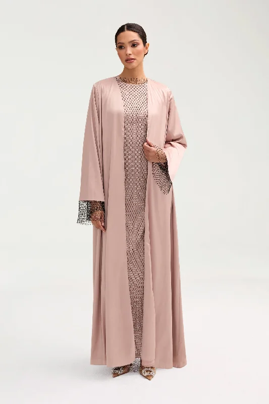 Save Big Lyana Crystal Satin Abaya - Pink Jasmine