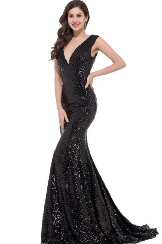 Big Savings SLEEVELESS DEEP V-NECK SEQUIN FISHTAIL FORMAL DRESS