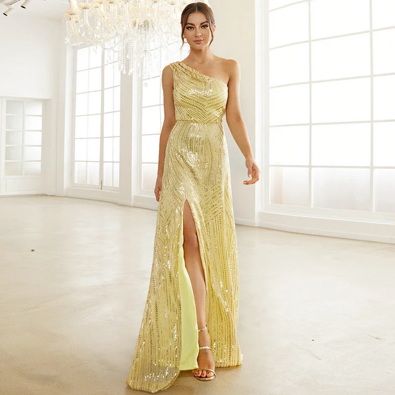 Fashionista Favorites Daphne Single Shoulder Sequin Slit Maxi Dress