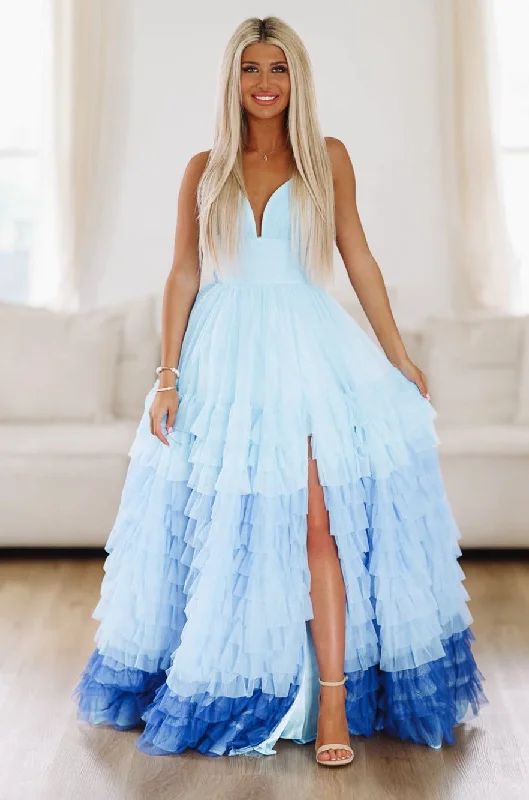 Chic Style Purely Romantic Ombre Ruffle Tiered Maxi Gown - Light Blue