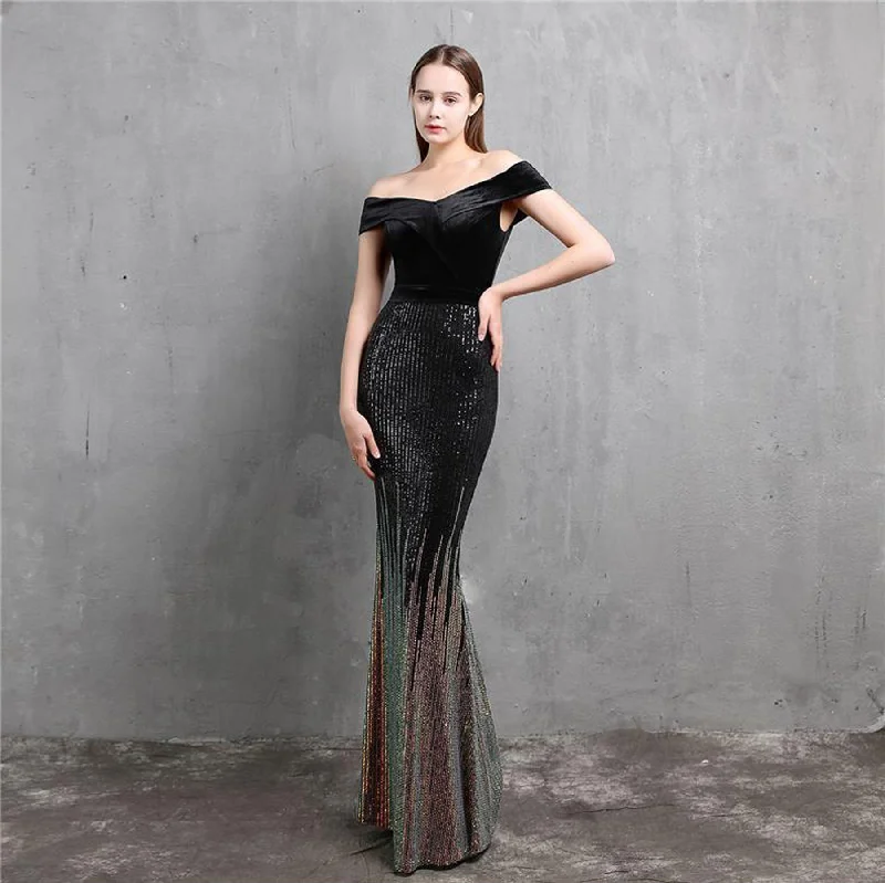 Special Offer Boat Neck Velvet Contrast Mermaid Maxi Dress