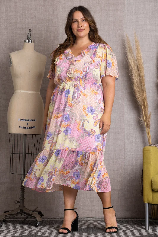 Beat The Heat In Tropical Styles PINK PAISLEY RUFFLE SHORT SLEEVES PLUS SIZE MAXI DRESS-LD44068X