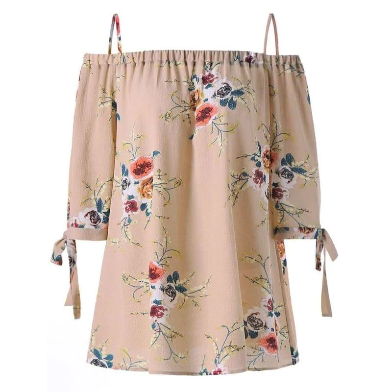 Score Big On Glamorous Red - Carpet Styles Off The Shoulder Floral Print Chiffon Casual Cold Shoulder Blouse