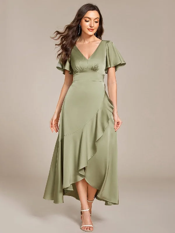 Father'S Day Deals Short Sleeve Ruffled V-Neck Satin Midi Bridesmaid Dress