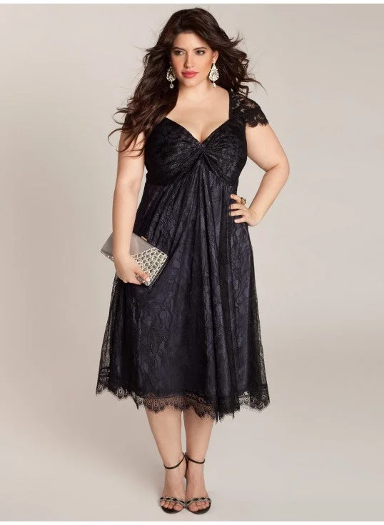 Feminine Soft - Hued Styles Tea Length Cap Straps Black Lace Plus Size Evening Dress