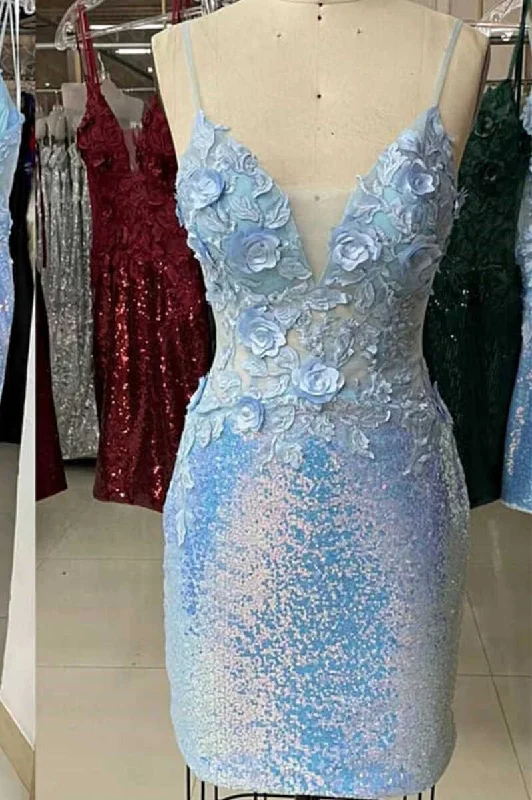 Spring Fling Sale Light Blue Sequin Appliques Bodycon Homecoming Dress gh1425