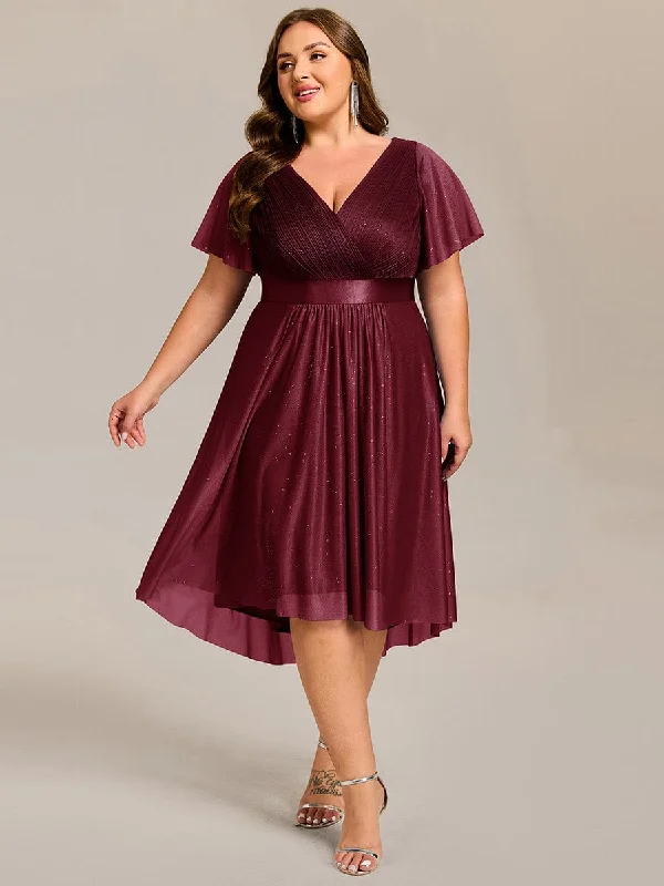 Great Prices On Feminine Styles Plus Size Glitter Short Sleeve V-Neck Pleated Midi Wedding Guest Dress