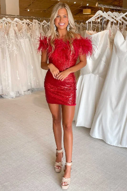 Save On Inspired Styles Red Off-the-Shoulder Feathered Bodycon Mini Homecoming Dress gh1319