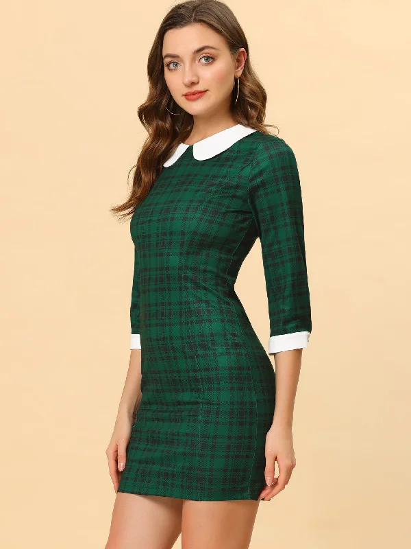 Latest Fashion Contrast Peter Pan Collar Keyhole Back Plaid Bodycon Dress