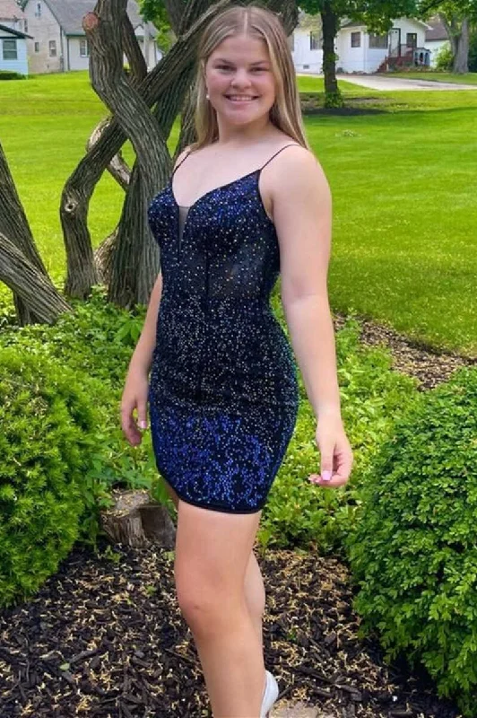 Anniversary Sale Dark Blue Beaded Spaghetti Straps Bodycon Mini Party Dress  gh1367