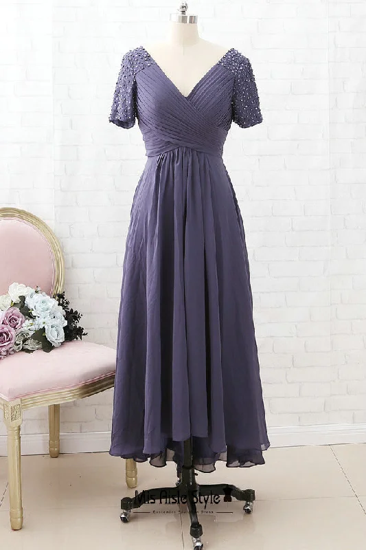 Latest Fashion Tea Length Short Sleeve Mother of The Bride Dress