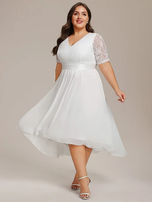 Anniversary Sale Plus Size Half Sleeve Lace Pleated V-Neck Midi Wedding Guest Dress