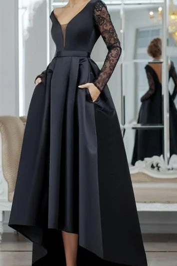 Lighten Up With Nordic Styles Elegant Long Sleeve High-Low A Line Satin Prom Dress with Ruching