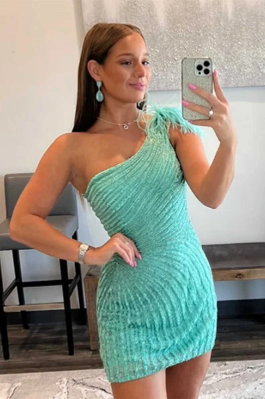 Wardrobe Refresh Aqua One-Shoulder Bodycon Mini Homecoming Dress  gh1212