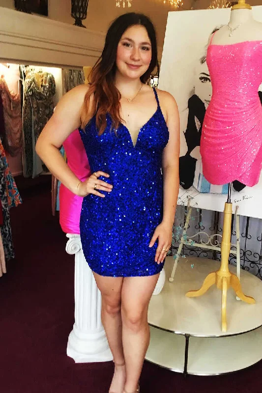 Special Occasion Wear Royal Blue Sequin V-Neck Cutout Back Bodycon Short Dress  gh1256