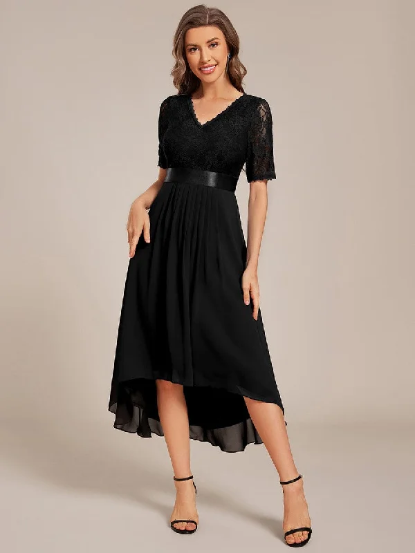 Winter Warm - Up Sale Half Sleeve Pleated V-Neck Lace Midi Wedding Guest Dress