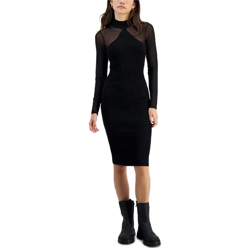 Spring Fashion Almost Famous Womens Long Sleeve Ribbed Bodycon Midi Dress, Black, X-Large