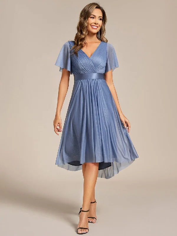 Mother'S Day Special Short Sleeve V-Neck Pleated Glitter Midi Wedding Guest Dress