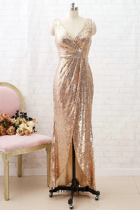 Fashion Essentials High Low Gold Sequins Wedding Guest Dress