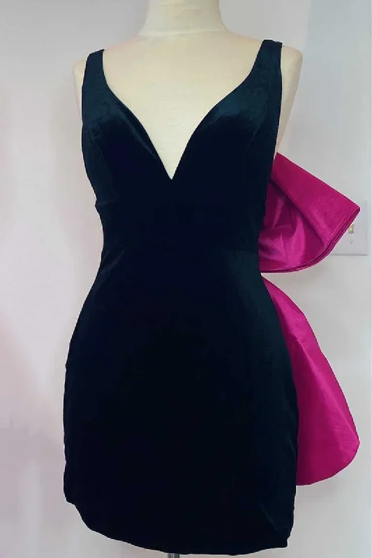 Father'S Day Deals Black Plunge V Bow Back Bodycon Mini Party Dress gh1335