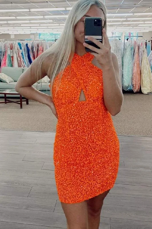 Seasonal Sale Orange Sequins Cross Front Mini Bodycon Dress gh1213