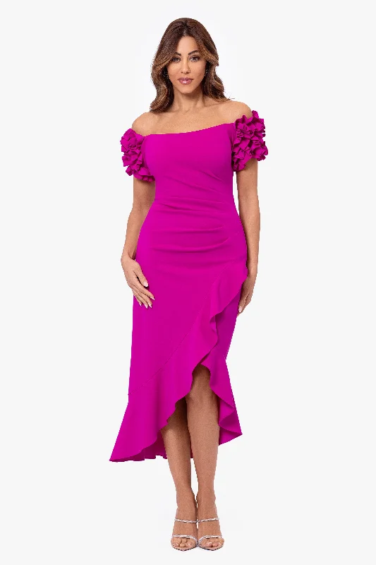 Wardrobe Update "Loretta" Scuba Crepe Off the Shoulder Ruffle Sleeve Midi Dress