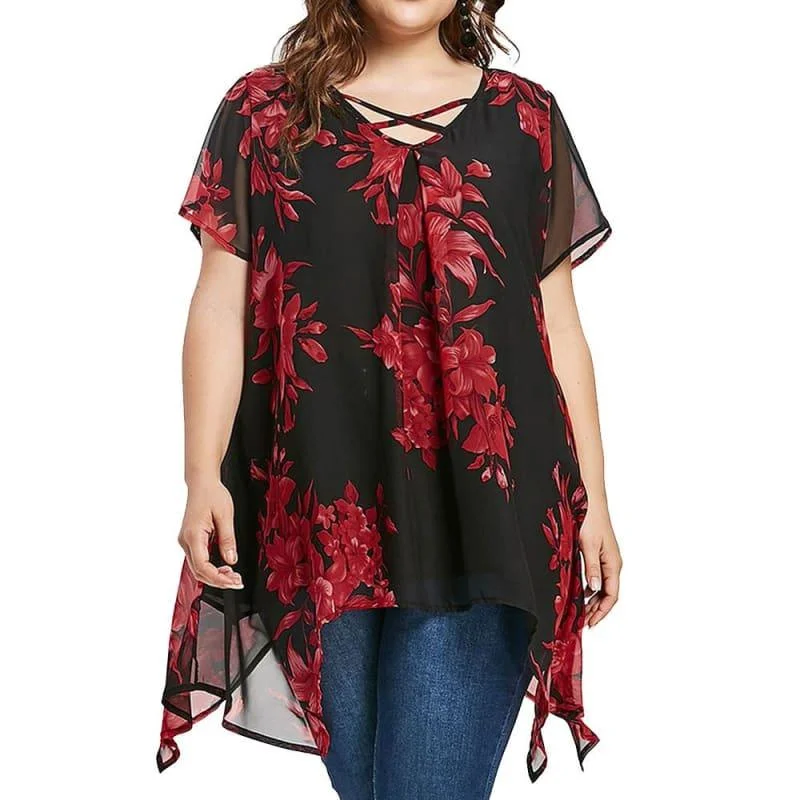 Save Big Plus Size Front Criss Cross Floral Double Chiffon Blouse