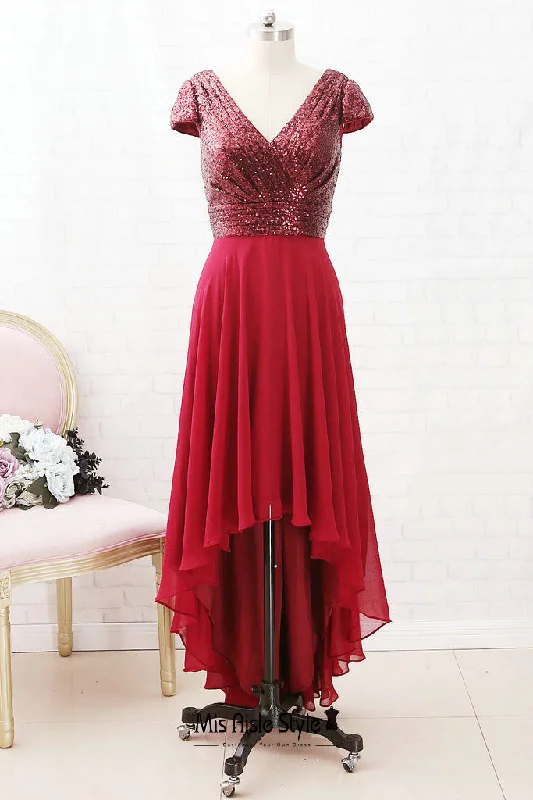 Summer Fashion Short Sleeve Burgundy Sequin Wedding Party Dress