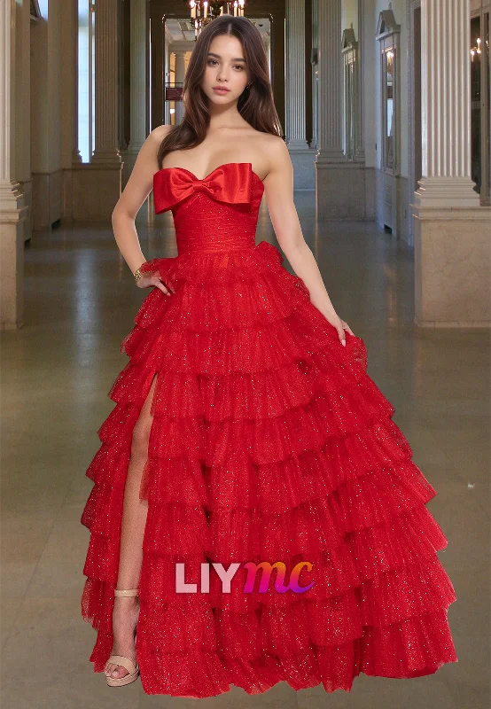 Huge Savings On Parisian Styles Off-Shoulder Sleeveless Bowknot Tiered Tulle Ball Gown Prom Dress