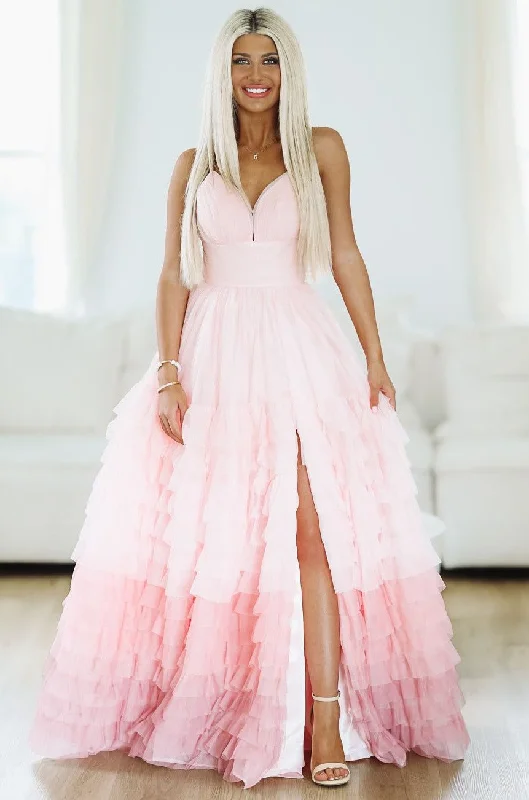 Spring Fashion Purely Romantic Ombre Ruffle Tiered Maxi Gown - Blush Pink