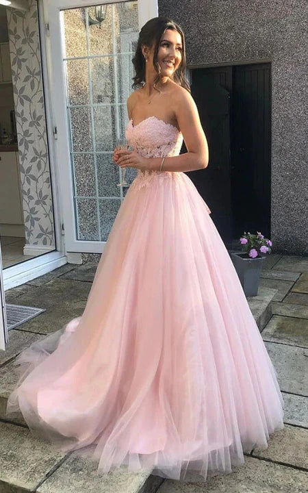 Flash Deals Sweetheart Lace Applique A-line Blush Tulle Evening Formal Prom Dress with Corset Back