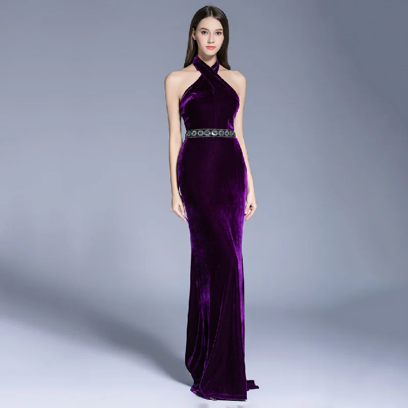 Day-To-Night Styles Zona Halter Neck Backless Velvet Maxi Dress