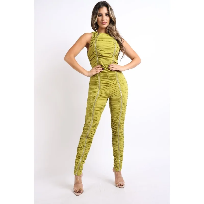 Great Prices On Feminine Styles Track Zipper Ruched Jumpsuit Ruffle Dress Bodycon Jumpsuit Chartreuse