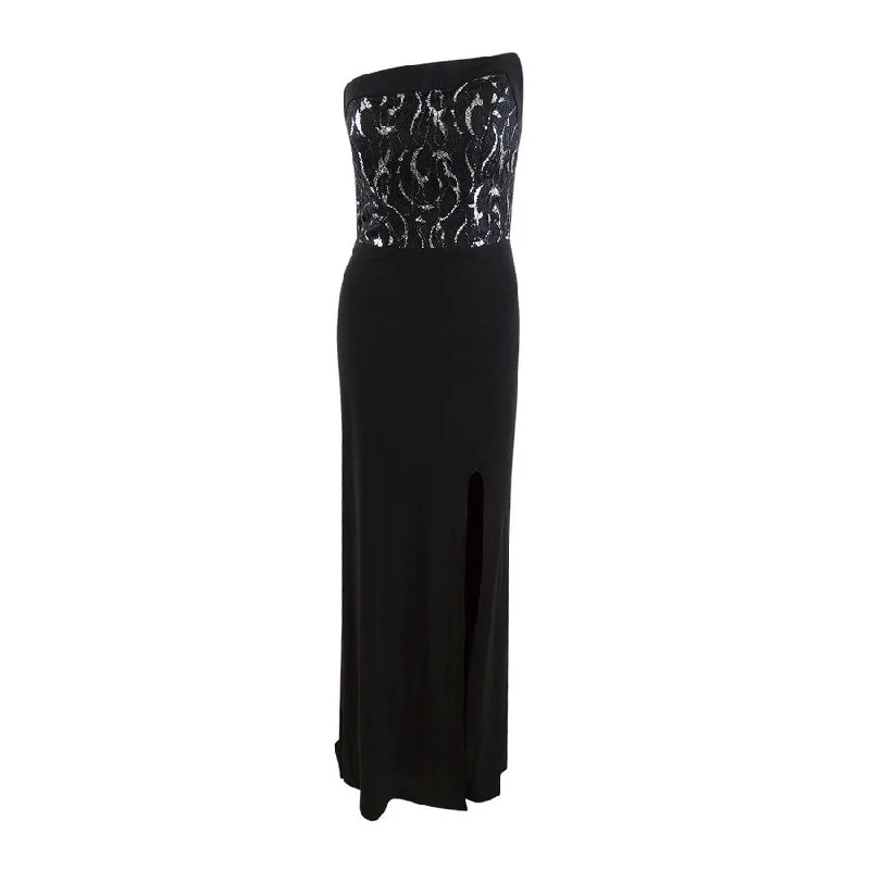 Seasonal Trends Betsy & Adam Women's Strapless Lace Slit Gown (4, Black/Silver)