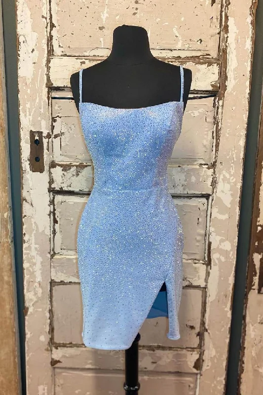 First Order Discount Beaded Light Blue Bodycon Party Dress with Slitgh1193