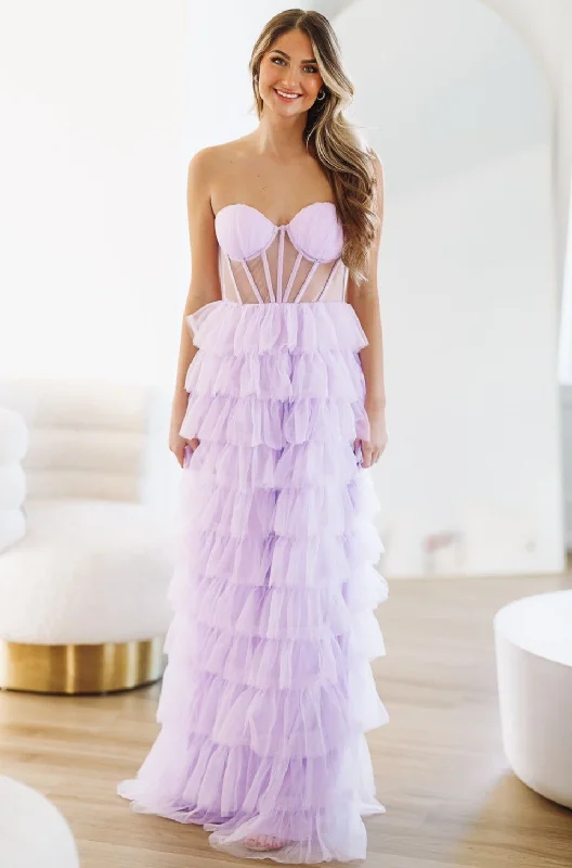 Trendy Styles On The VIP List Tiered Maxi Gown - Lavender