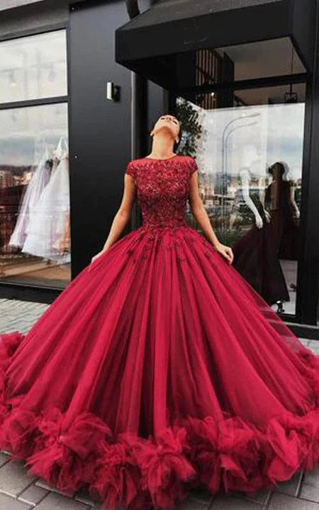 Spring Fling Sale Cap Scoop-neck Red Ball Gown Quinceanera Ruffled Prom Dress