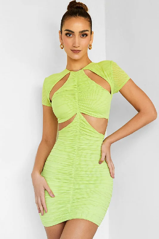 Fashionista Favorites Stylish Short Sleeve Bodycon Ruched Cutout Club Mini Dress - Green